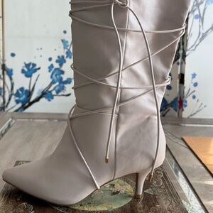 Journee Collection Cream Lace-Up Heeled Boots